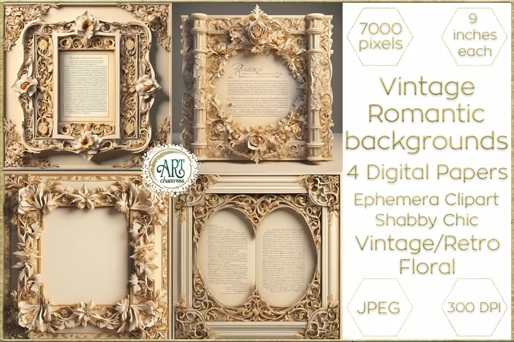 Vintage Retro Floral Frame Digital Papers cutout backgrounds