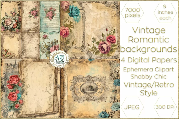Vintage Old Fantasy Book Pages digital papers Boho Floral