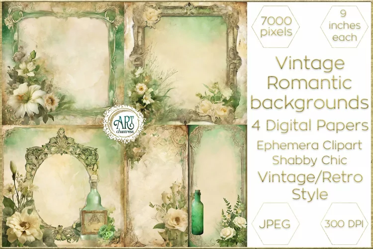 Vintage Bottle green digital papers Boho Flowers old texture