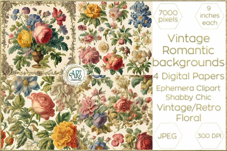 Vintage Floral Sketch Old Romantic Digital Paper Bohemian