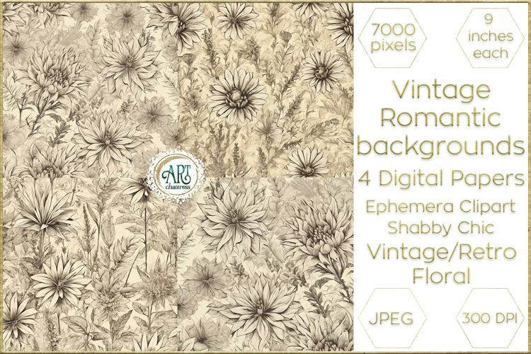Vintage Sketch Digital Papers Floral Illustration Graphics
