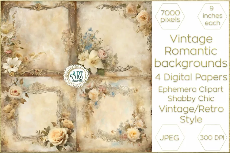 Watercolor Vintage Digital Paper Shabby Chic Bohemian Flower