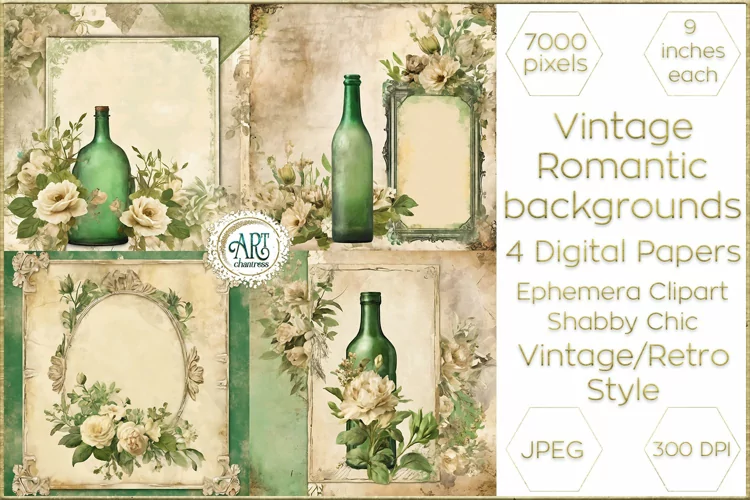 Watercolor Vintage bottle green Floral Frame Digital Papers