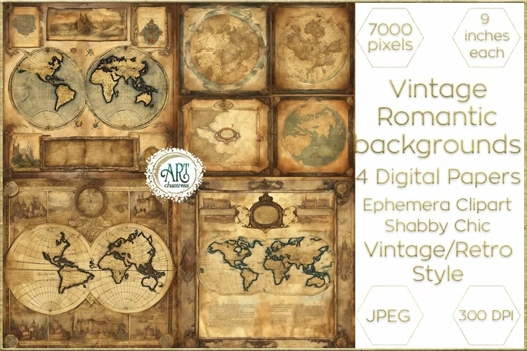 Watercolor Vintage Old Fantasy Maps Book Digital Paper Decor