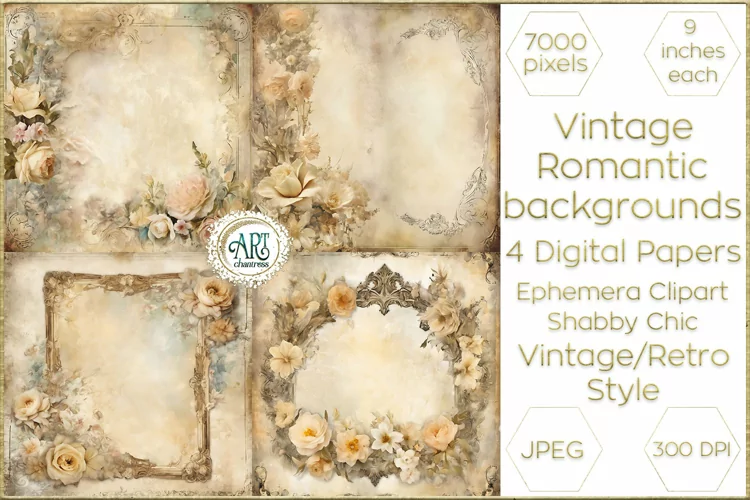 Watercolor Vintage Digital Paper Shabby Chic Bohemian Flower