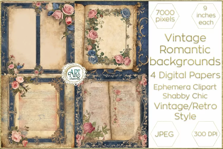 Watercolor Vintage dusty pink Floral Books Digital Papers
