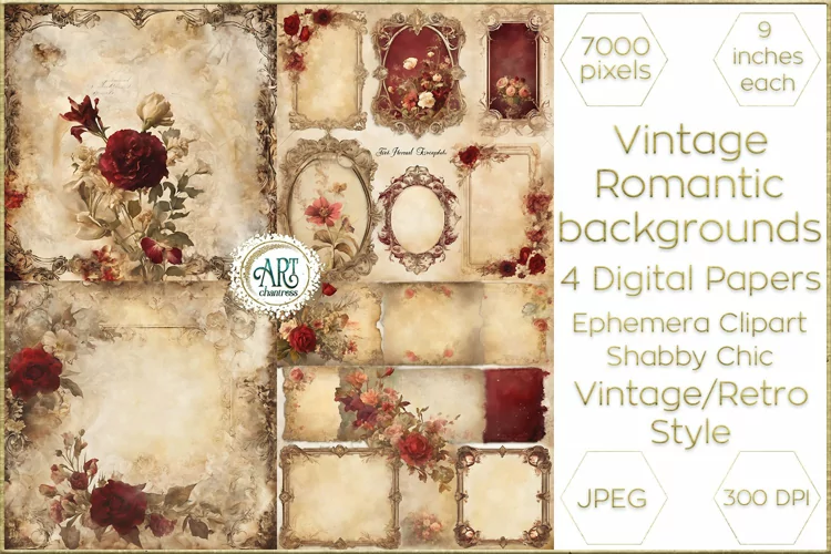 Watercolor Vintage Burgundy Floral Frame Digital Papers JPEG