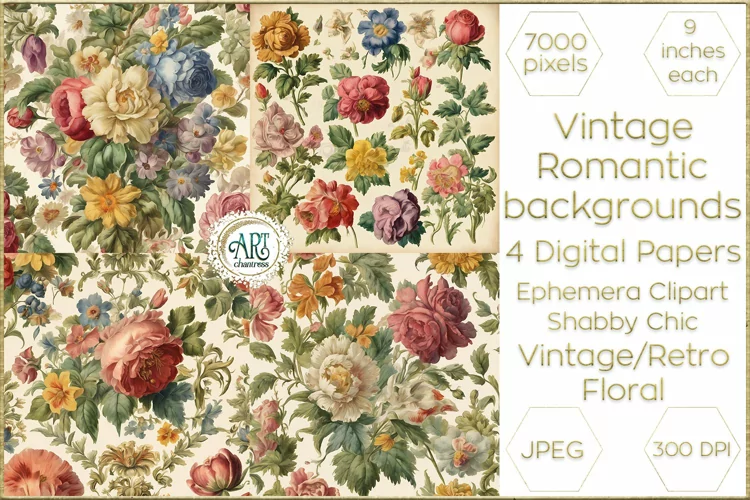 Vintage Floral Sketch Old Romantic Digital Paper Bohemian