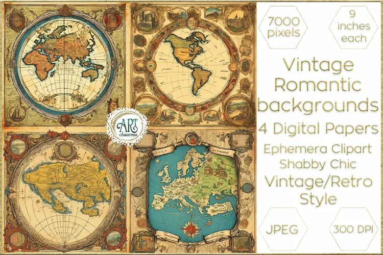 Vintage Watercolor Old Fantasy Maps Digital Papers Bohemian
