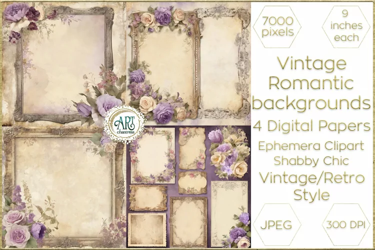 Vintage Watercolor Floral Violet Papers backgrounds Ephemera