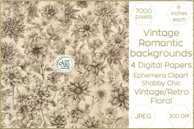 Vintage Floral Sketch Old Romantic Digital Paper Bohemian