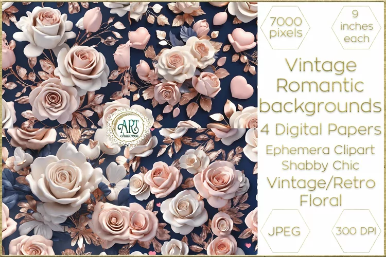 Retro Valentines Day Digital Papers Cute Flowers Shabby Chic