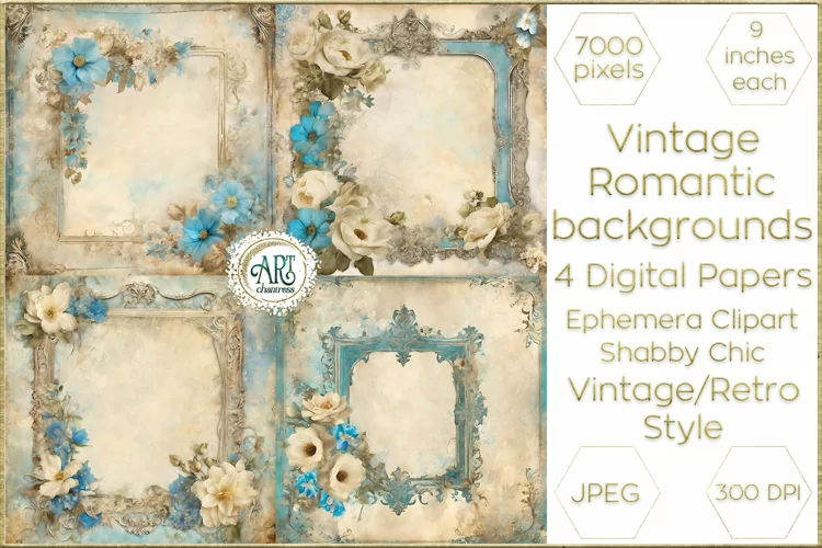 Vintage Azure digital papers Bohemian Flowers old textures