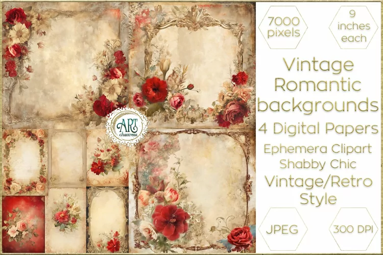 Vintage Carmine digital papers Bohemian Flowers old textures
