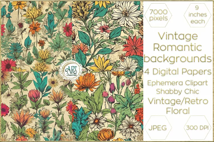 Vintage Classic digital papers Bohemian Floral fantasy art