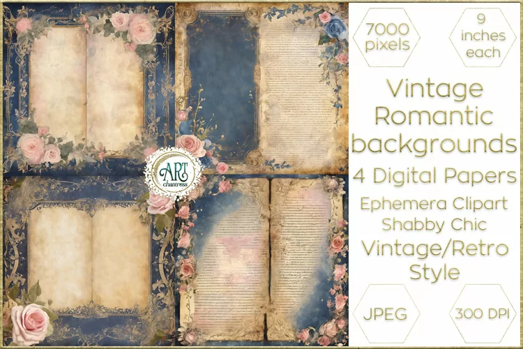 Vintage Rosey French Blue digital papers Boho roses Flowers