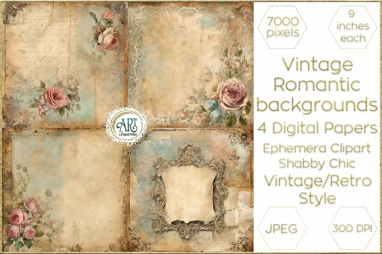 Watercolor Vintage French Pink Digital Paper Roses Graphics
