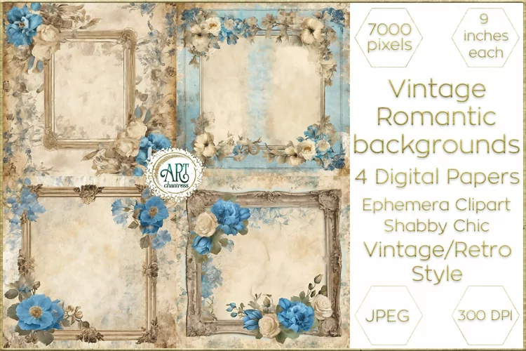 Vintage Azure digital papers Bohemian Flowers old textures