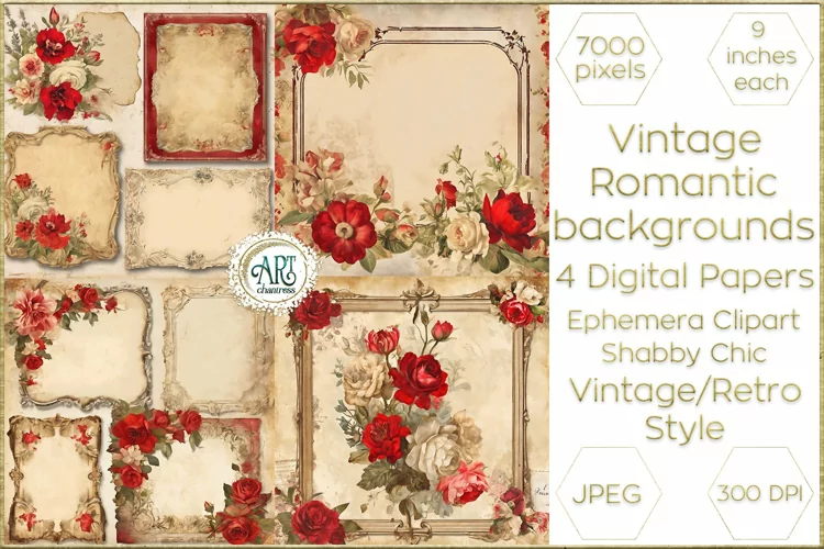 Watercolor Vintage Digital Paper Shabby Chic Bohemian Flower