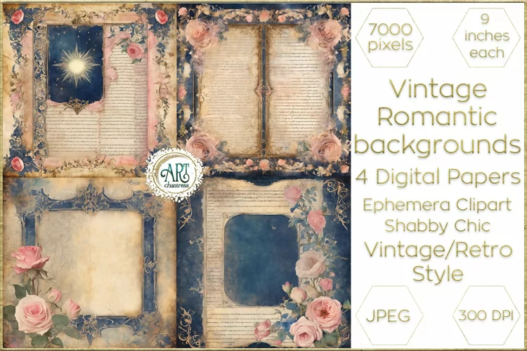 Watercolor Navy Vintage Digital Paper Retro roses Bohemian