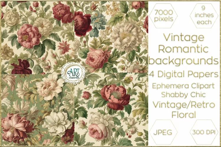 Vintage Floral watercolor Elegant pink peonies Digital Paper