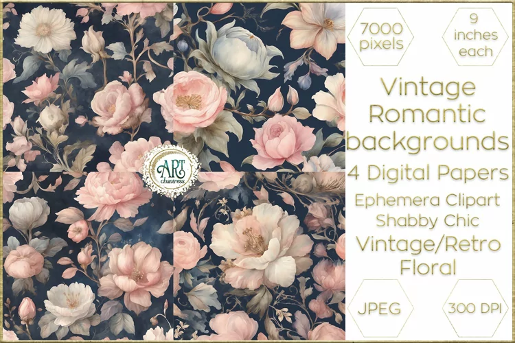 Vintage Floral watercolor Elegant pink peonies Digital Paper