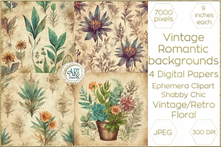 Vintage Floral watercolor Elegant Decor Digital Papers Retro