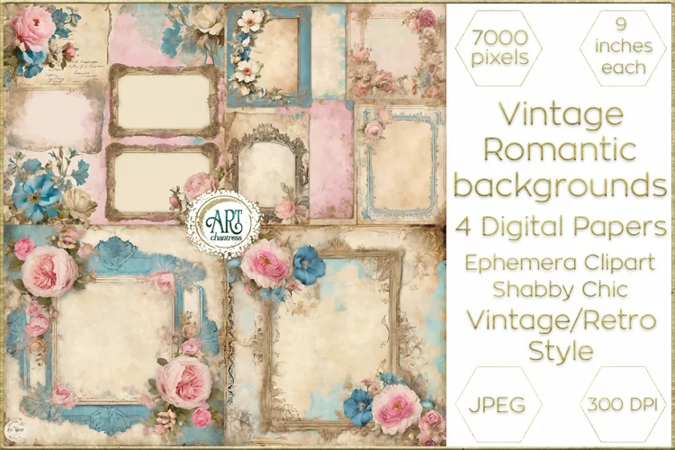 Watercolor Vintage Azure Floral Frame Papers Digital Paper