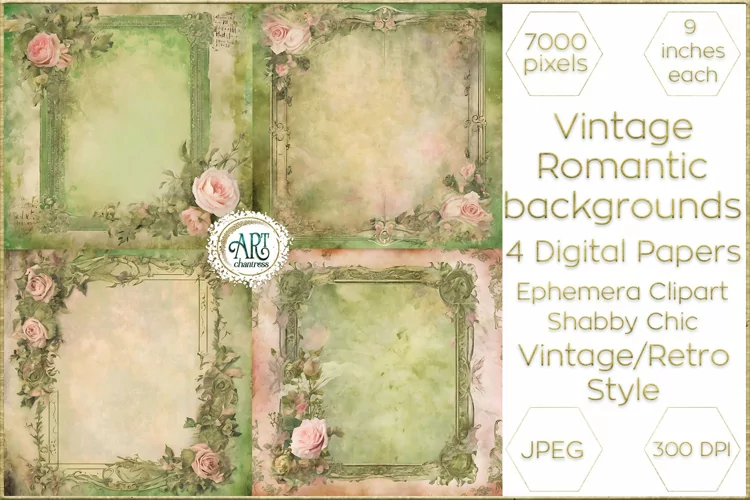 Victorian Green French pink roses Scrapbook digital papers