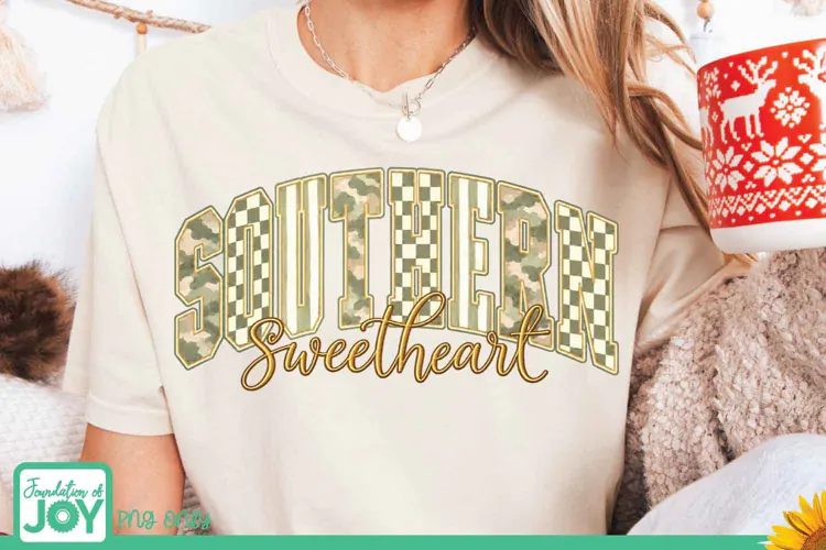 Southern Sweetheart PNG, Camo Checkered Varsity Shirt