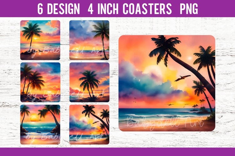 Summer Watercolor Square Coaster Sublimation Designs