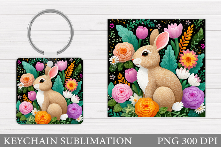 Cute Bunny Keychain. Bunny Flowers Keychain Sublimation