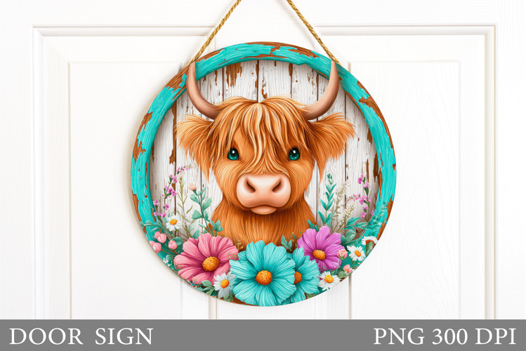 Highland Cow Door Sign. Cow Flowers Door Sign Design