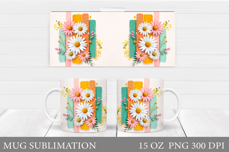 Daisy Flowers Mug Sublimation. Flowers Mug Wrap Design