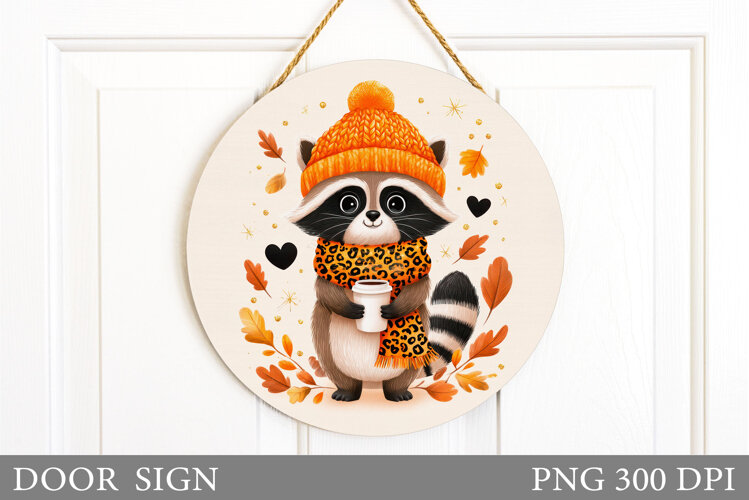 Fall Raccoon Door Sign Sublimation. Fall Door Sign Design example image 1