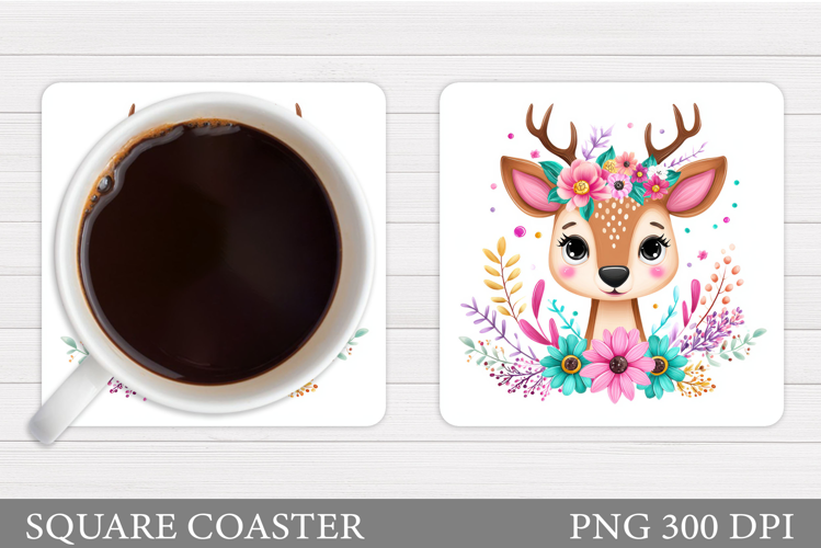 Cute Deer Coaster Sublimation. Deer Flowers Coaster Design