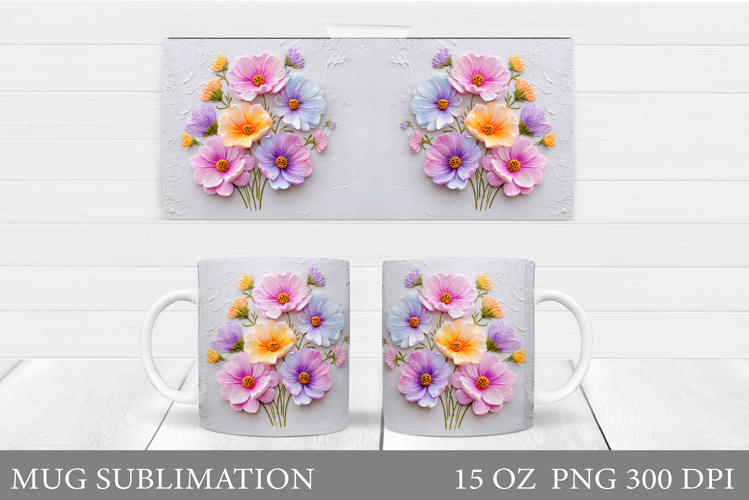 3D Flowers Mug Sublimation. Floral Mug Wrap Design