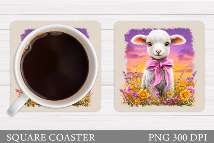 Cute Lamb Coaster Sublimation. Lamb Flowers Coaster Design