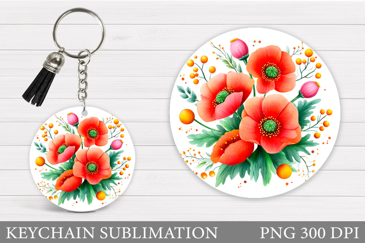 Poppies Keychain Sublimation. Flowers Keychain Design