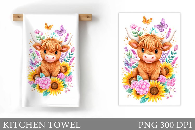 Highland Cow Kitchen Towel. Cow Flowers Kitchen Towel Design