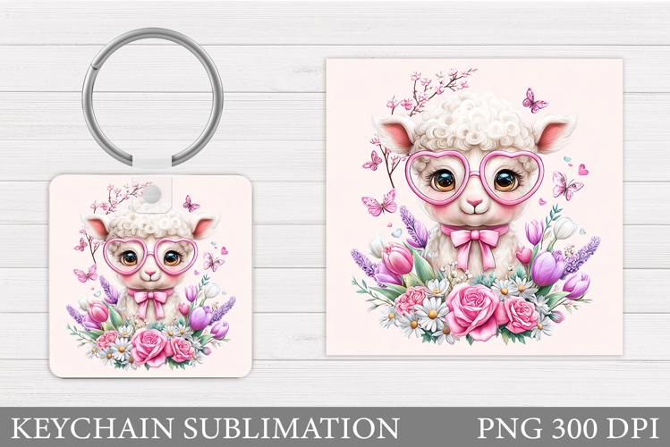 Cute Lamb Keychain Design. Lamb Flowers Keychain Sublimation