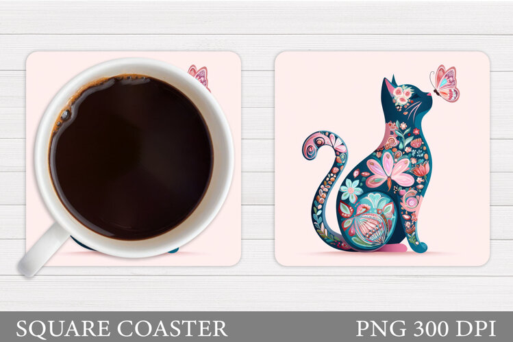 Floral Cat Coaster Design. Cute Cat Sublimation example image 1