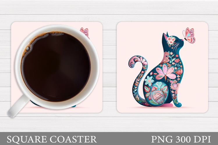 Floral Cat Coaster Design. Cute Cat Sublimation