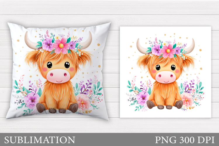Highland Cow Pillow Design. Cow Flowers Pillow Sublimation