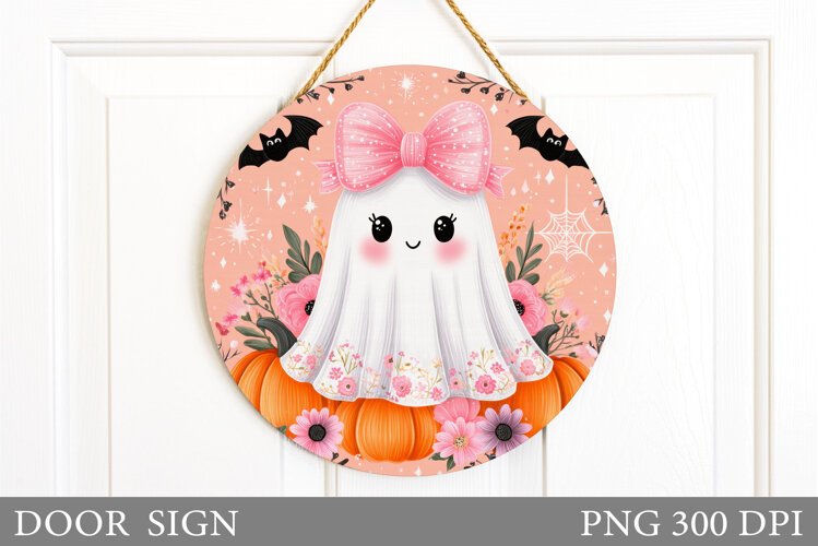 Cute Ghost Door Sign Design. Halloween Door Sign Sublimation example image 1