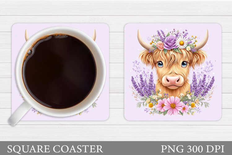 Highland Coaster Sublimation. Cow Flowers Coaster Design example image 1