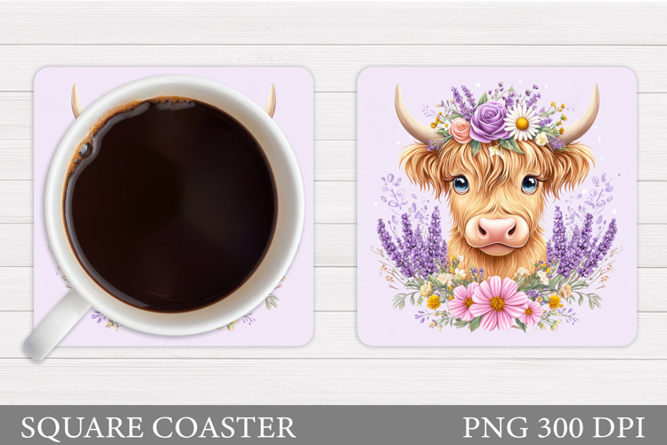 Highland Coaster Sublimation. Cow Flowers Coaster Design