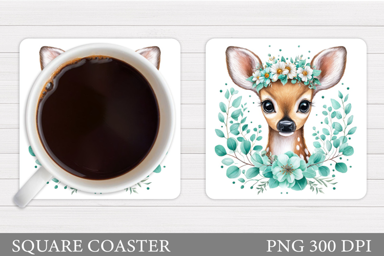 Cute Deer Coaster Sublimation. Deer Flowers Coaster Design