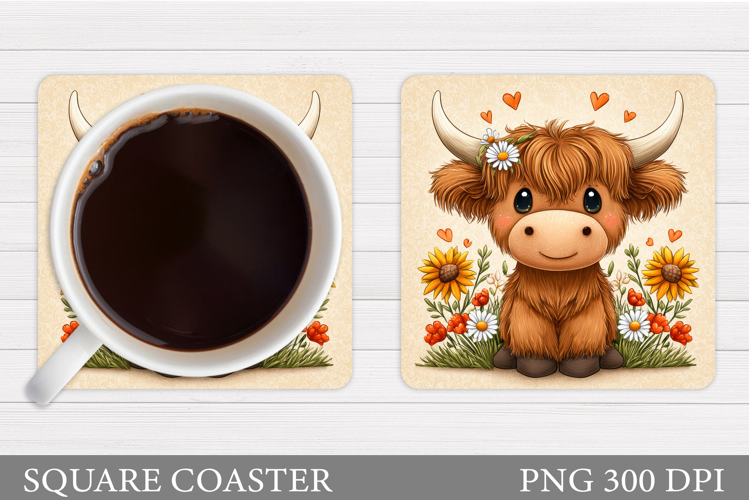 Highland Coaster Sublimation. Cow Flowers Coaster Design