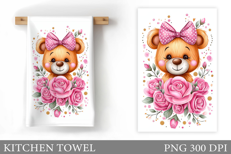 Cute Bear Kitchen Towel. Bear Flowers Kitchen Towel Design